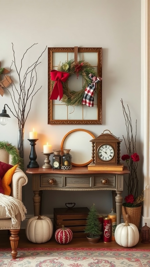 A cozy fall-themed interior with a wreath, candles, and heirloom decorations.