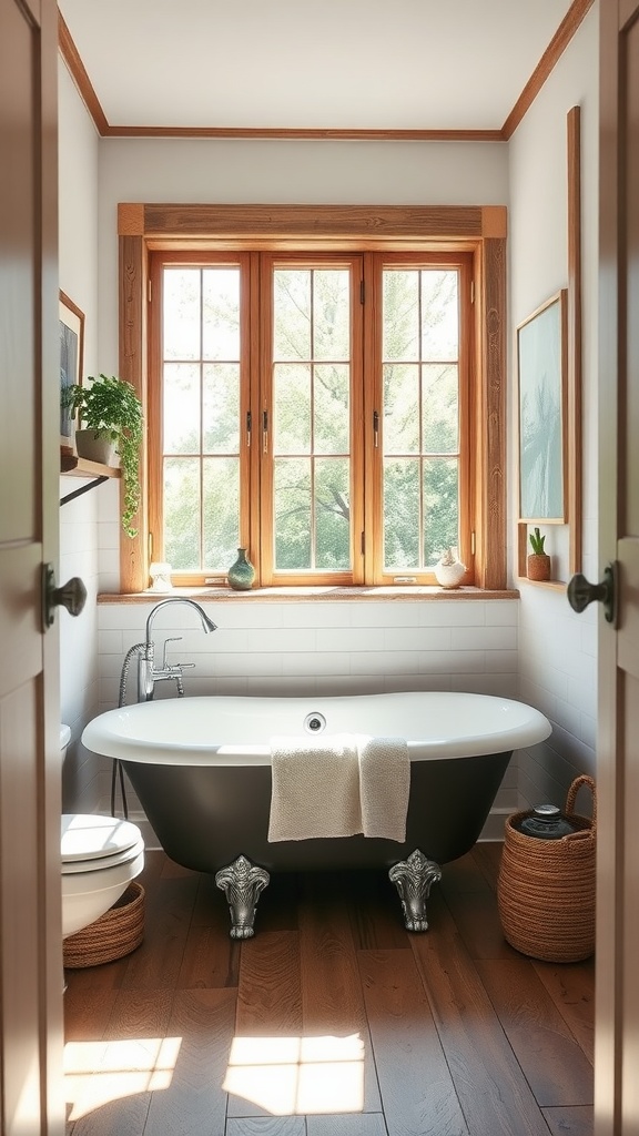A beautifully designed farmhouse-style bathroom featuring a freestanding bathtub, wooden accents, and large windows.