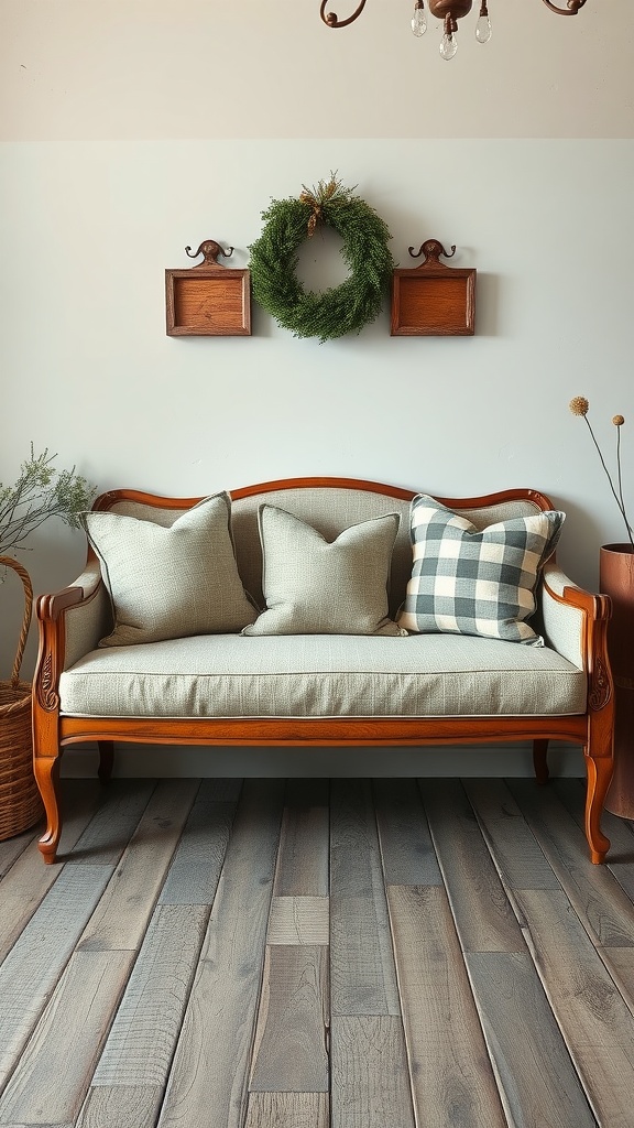 A cozy farmhouse chic settee with a wooden frame and decorative cushions against a simple wall with a wreath.