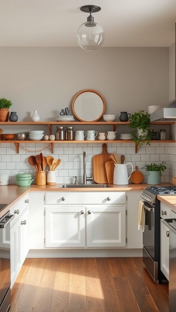 A charming farmhouse kitchen featuring white cabinets, wooden shelves, and modern appliances.