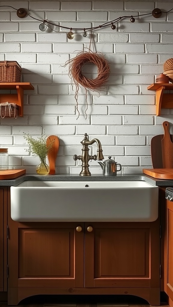A rustic kitchen featuring a farmhouse sink with a vintage faucet, wooden cabinets, and a brick wall.