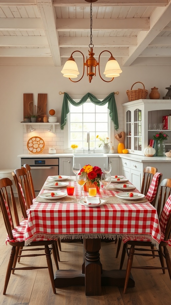 A cozy farmhouse kitchen with a wooden dining table set for a festive meal, featuring a red checkered tablecloth and fresh flowers.