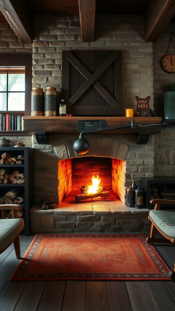 Cozy fireplace in a rustic setting with wood logs and warm lighting