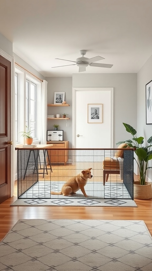 Cozy room with a dog sitting near a black removable barrier separating it from the rest of the space.