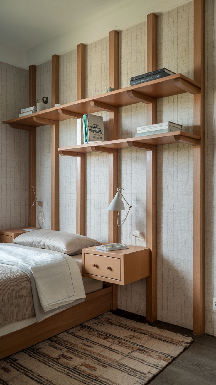A small, modern bedroom featuring floating shelves above the bed and a minimalist bedside table.