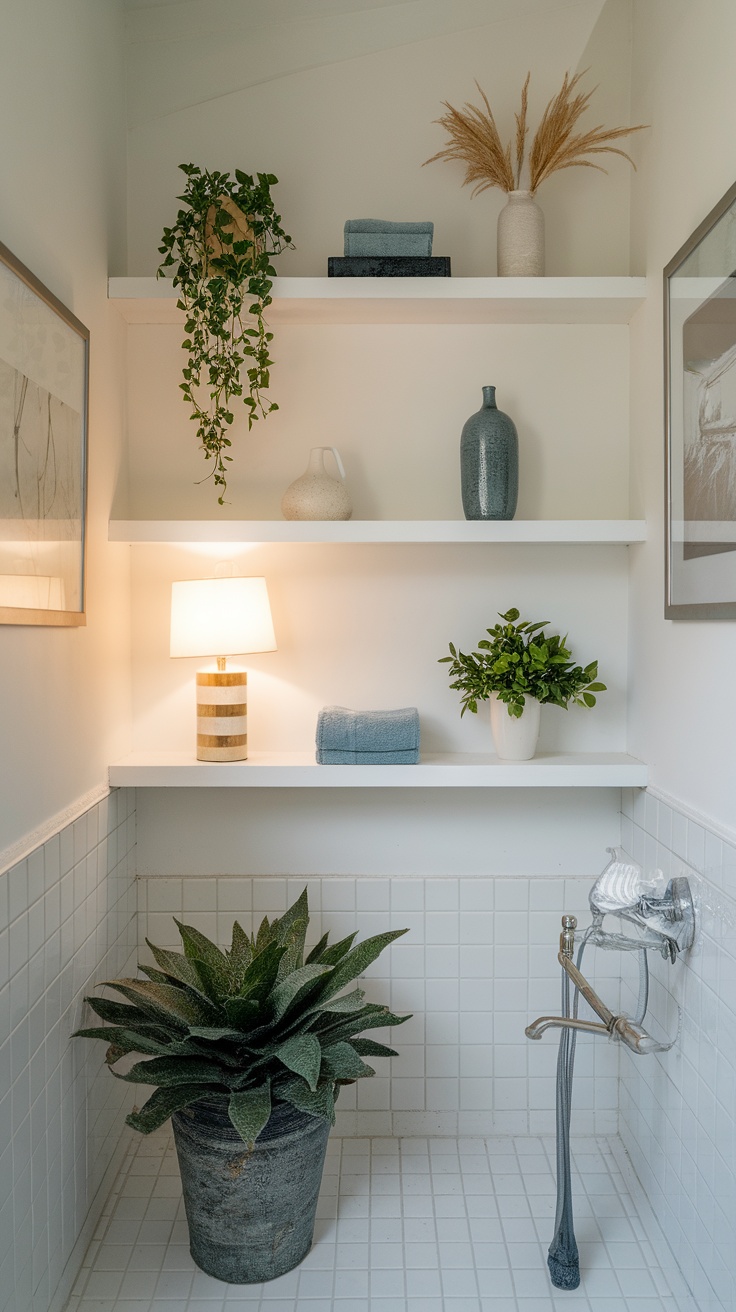 Floating wooden shelves displaying plants and decor items above a toilet in a small bathroom.