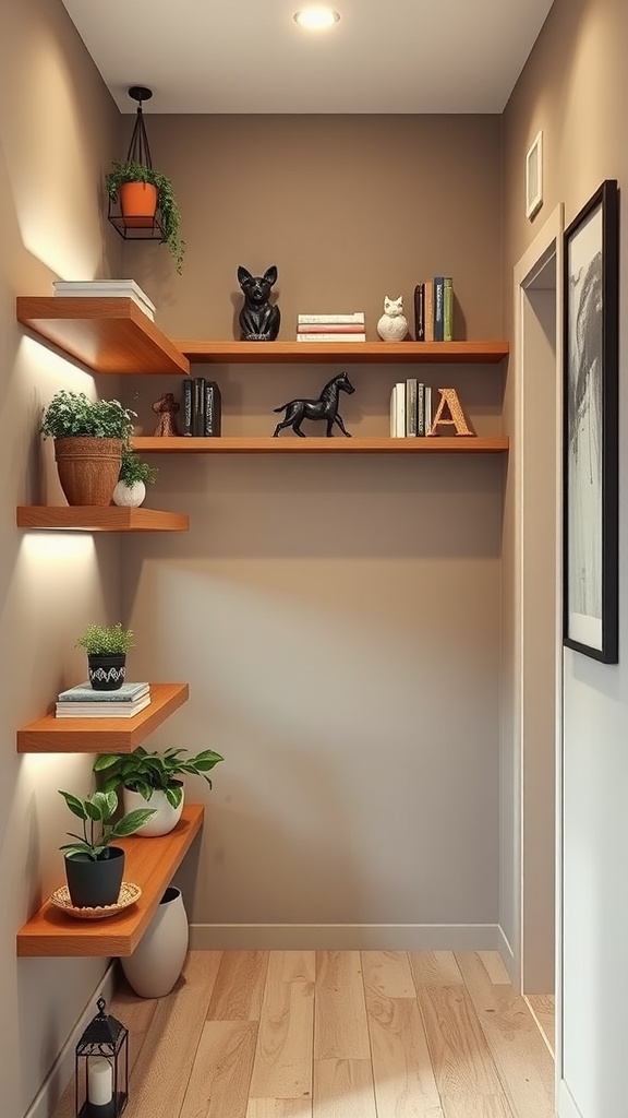 Floating shelves in a hallway displaying plants, books, and decorative items.