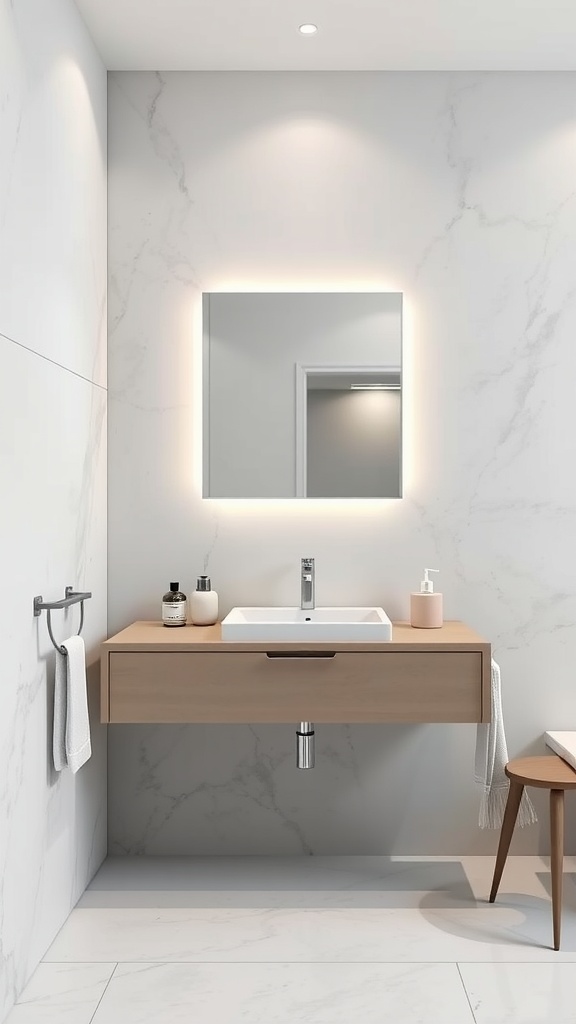 A modern floating vanity in a contemporary bathroom with marble walls.