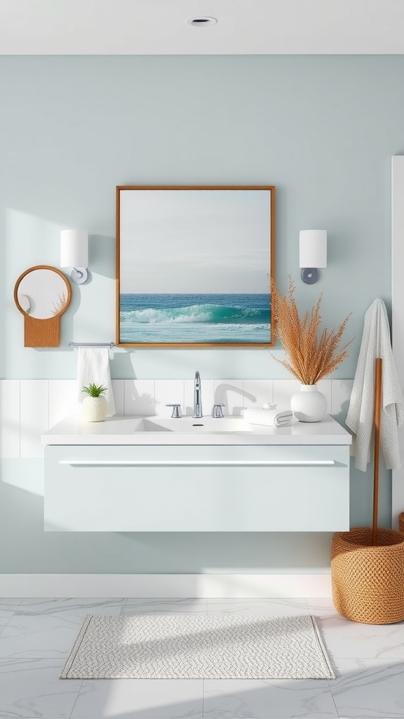 A modern bathroom featuring a light blue floating vanity with ocean-inspired decor.