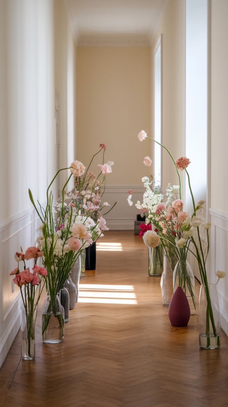 Two vases with colorful flowers in a bright hallway.