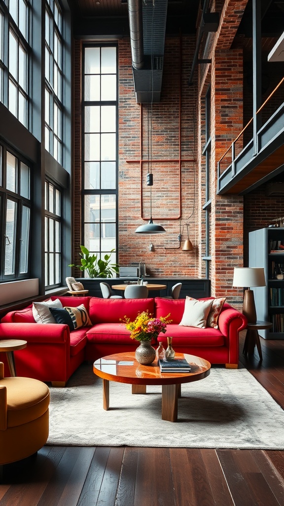 A bright red couch in a loft-style living area with large windows and warm wooden flooring.