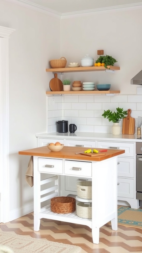 A foldable kitchen island with a wooden top and white base, featuring drawers and storage baskets underneath.