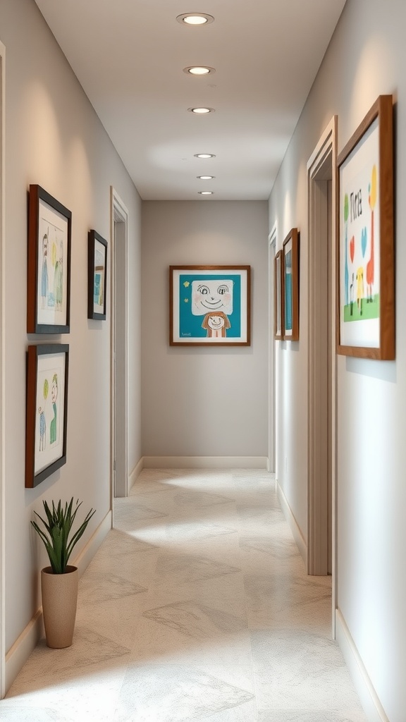 A hallway displaying framed child artwork on the walls, with a plant in a pot to the side.
