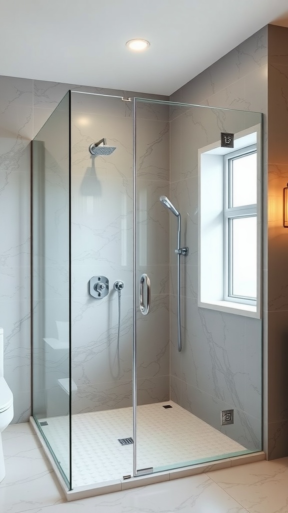 Frameless glass shower design in a modern bathroom with natural light.