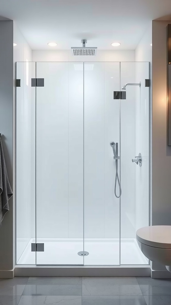 A modern frameless glass shower in a contemporary bathroom