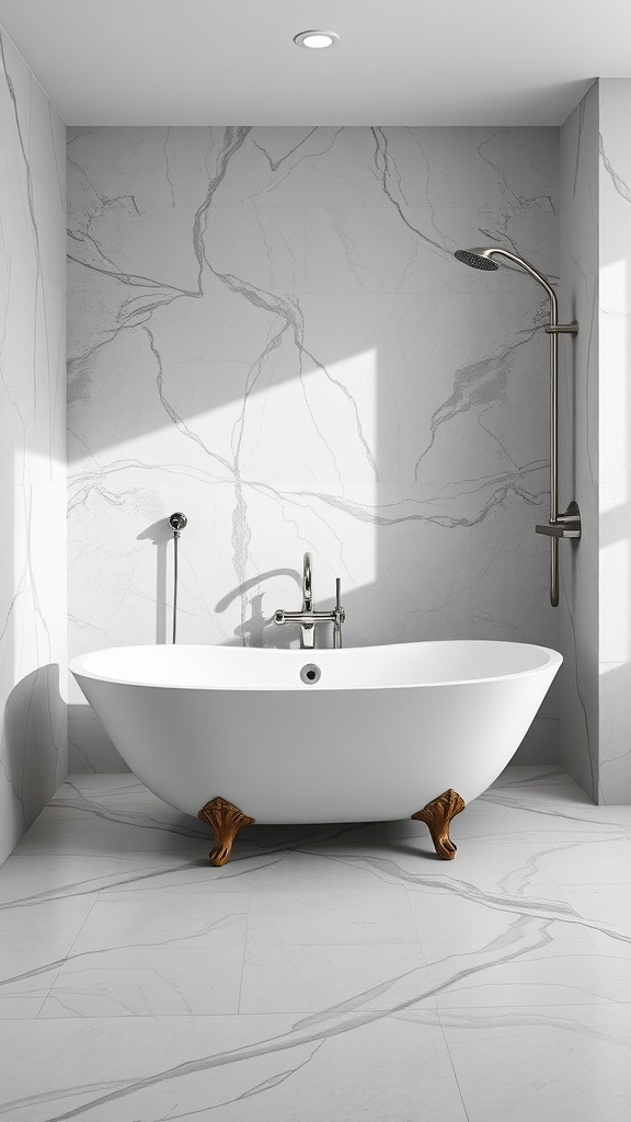 A modern freestanding bathtub shower combo in a bathroom with marble walls.