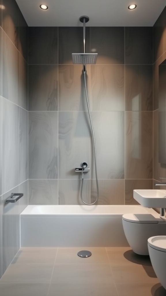A modern freestanding shower column in a stylish bathroom setting.