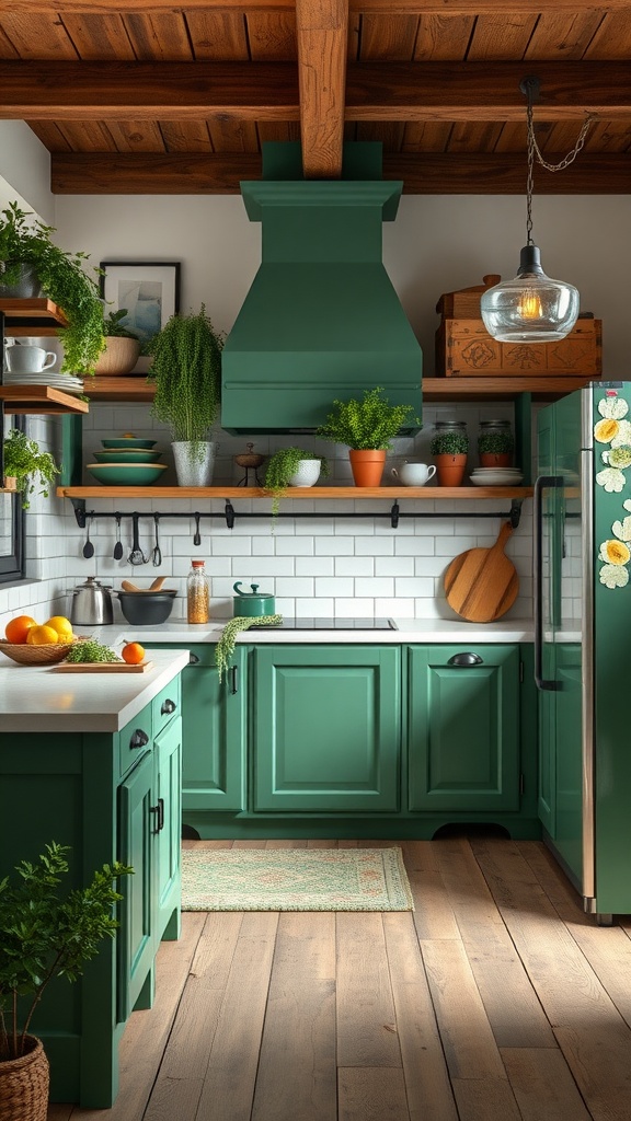 A vibrant green farmhouse kitchen with wooden accents and open shelving