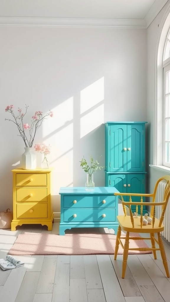 A brightly decorated room featuring yellow and turquoise furniture with a cozy rug.