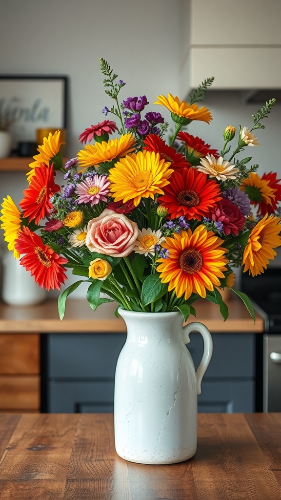 A colorful flower arrangement in a white pitcher, showcasing vibrant blooms in a kitchen setting.