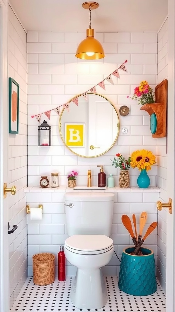A colorful and stylish bathroom featuring a round mirror, golden pendant light, vibrant decor, and cheerful accents.