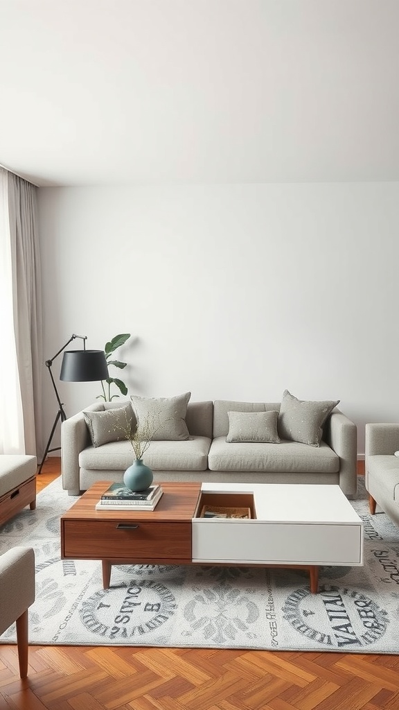 A contemporary living room featuring a coffee table with storage, surrounded by a cozy sofa set and a rug.