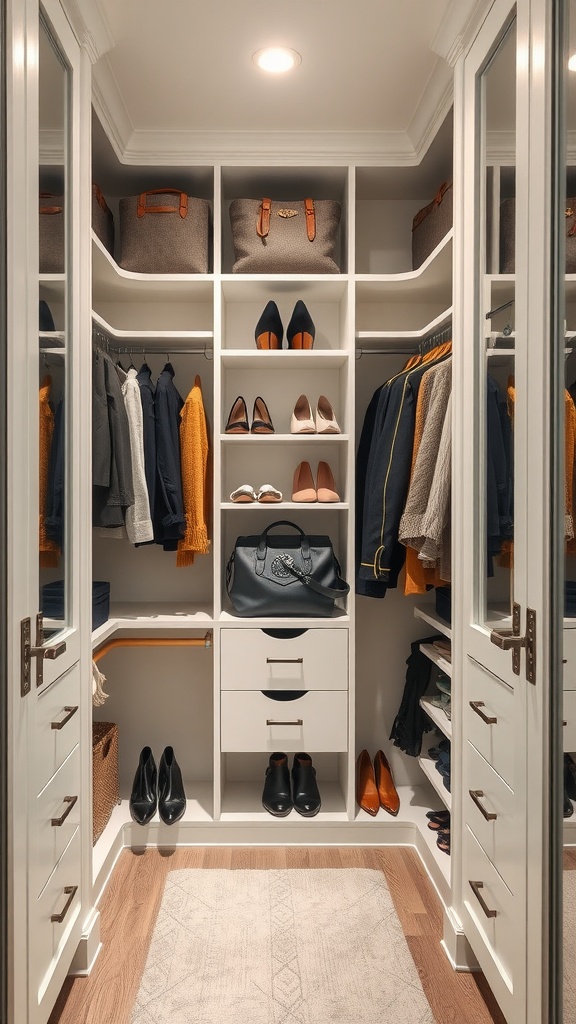 Organized walk-in closet with shoes, bags, and clothing on shelves.