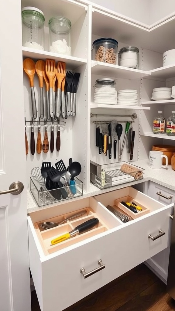 Organized kitchen pantry drawer showing tools and utensils neatly arranged