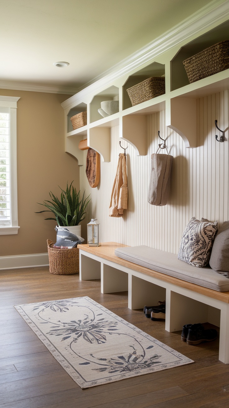 Stylish mudroom with organized storage, featuring hooks, a bench, and baskets.