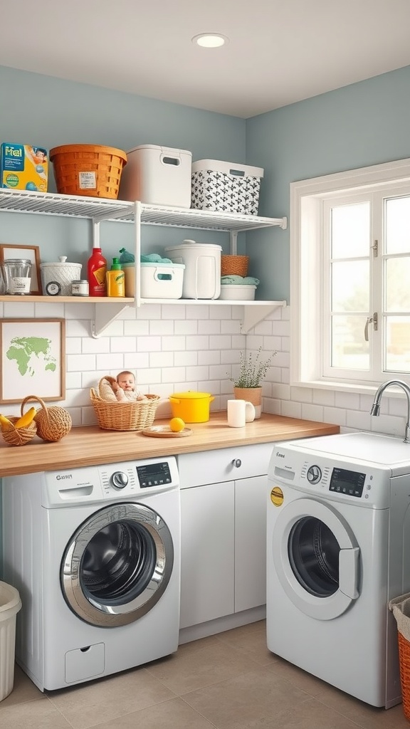 A family-friendly utility area with washing machines, a large countertop, and organized shelves.
