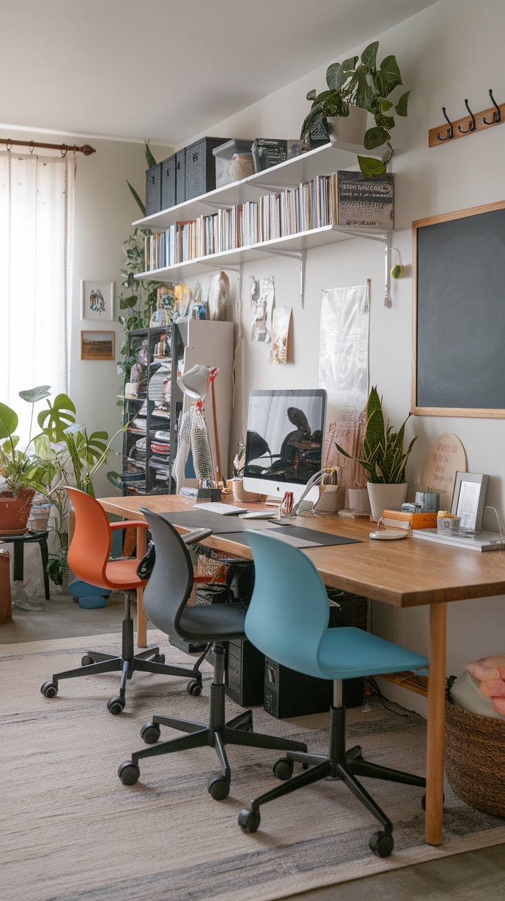 A cozy family home office with wooden shelves, a spacious desk, and potted plants.