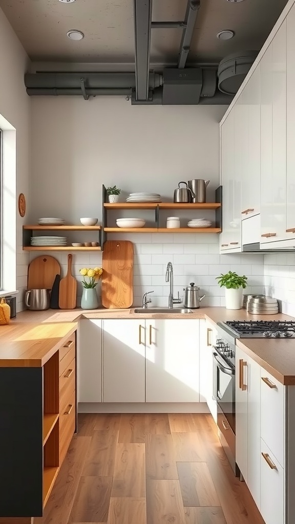 A functional galley style open kitchen with white cabinetry and wooden countertops, featuring open shelving and modern appliances.