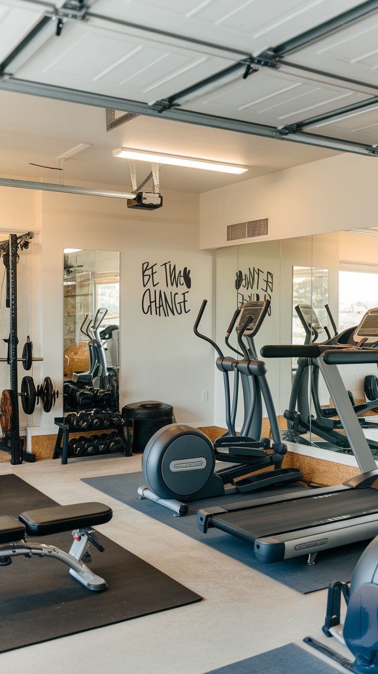 A functional gym space in a garage with weights, benches, and a clean layout.