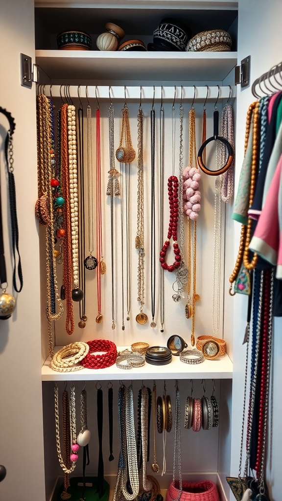 Organized jewelry in a closet with necklaces hanging and bracelets neatly displayed