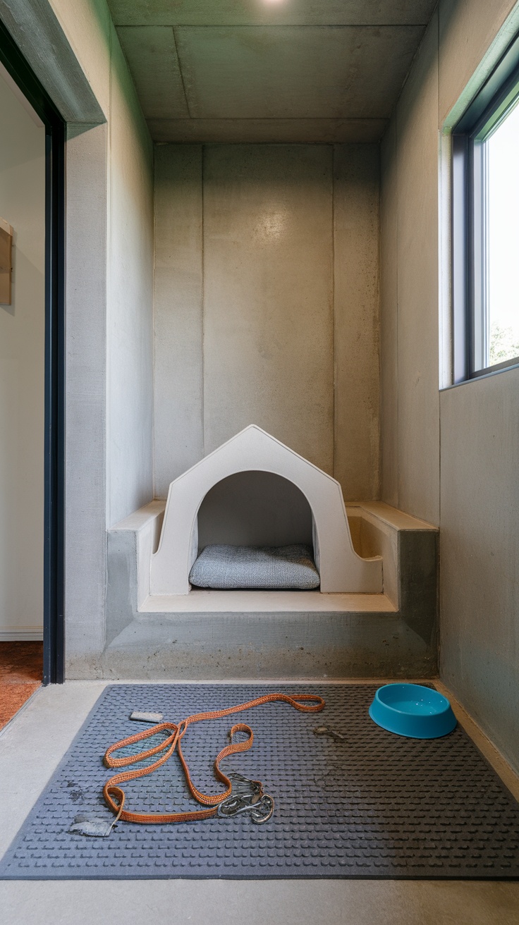 A functional laundry room with a cozy dog bed, washer, and dryer.