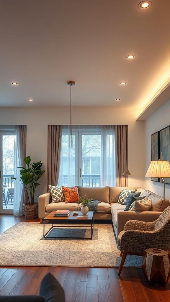 A cozy living room with recessed ceiling lights, a floor lamp, and natural light from windows.