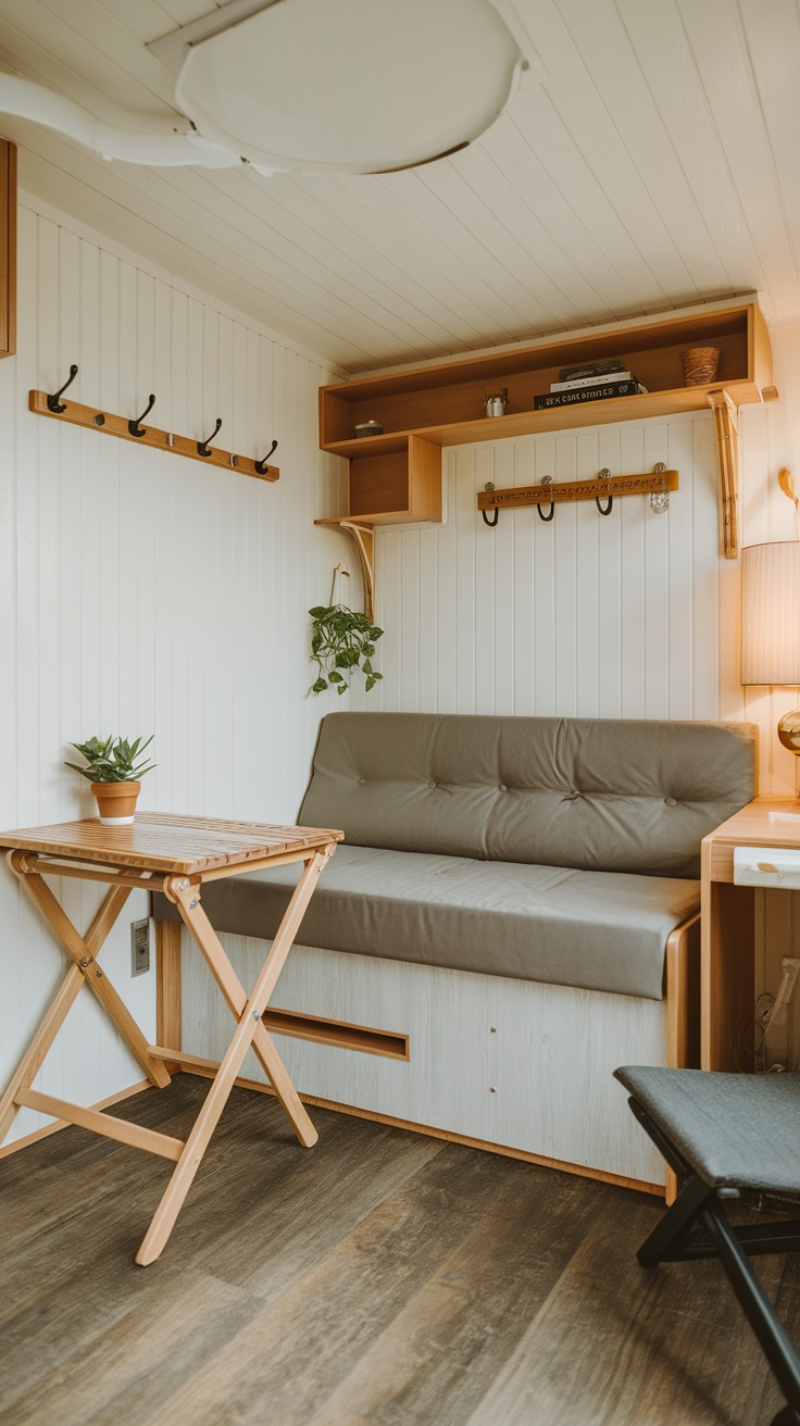 Cozy tiny house living space with multi-purpose furniture