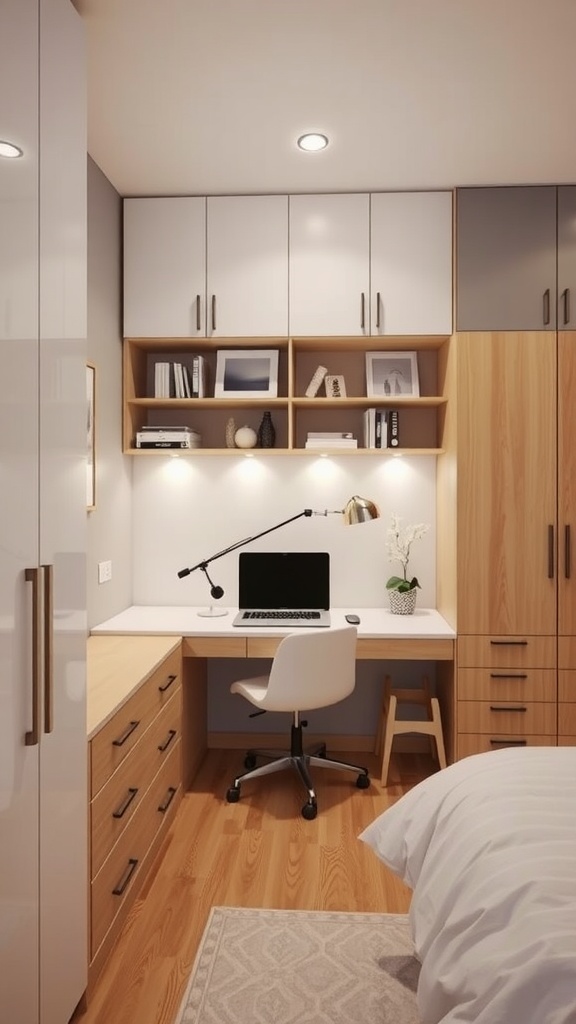 A contemporary bedroom with a workspace featuring a desk, chair, and storage.