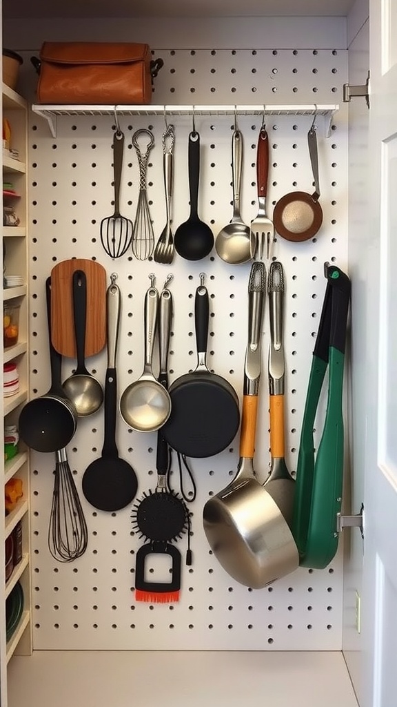 Pegboard setup in a pantry showing various kitchen tools organized neatly.