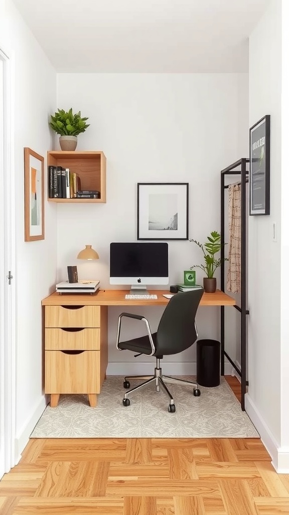 Compact home office with a wooden desk, a computer, and wall-mounted shelves