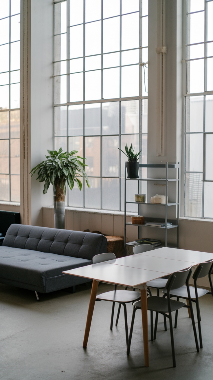A stylish urban loft with multi-purpose furniture including a sofa, coffee table, and plants, showcasing functional living space.