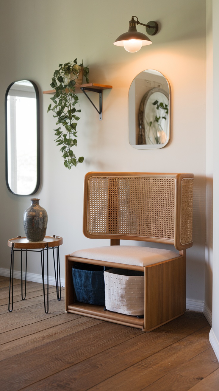 A functional storage accent chair located in a cozy corner with warm lighting.
