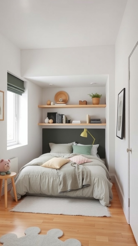 A cozy Scandinavian bedroom with a bed, shelving, and a side table, showcasing effective storage solutions.
