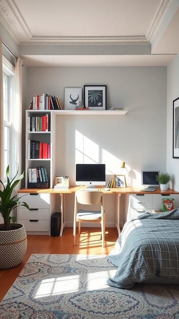 A well-organized study zone in a teen girl's bedroom featuring a desk with a computer, bookshelves, and plants, all in a bright and airy setting.
