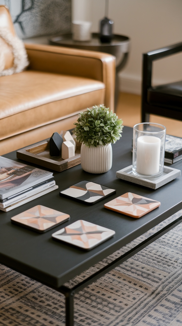 A stylish coffee table with magazines and a vase of flowers in a cozy living room.
