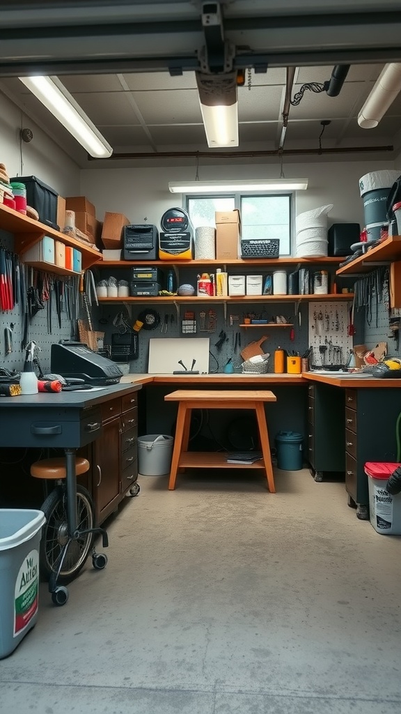 A well-organized workshop with tools on the wall, bright lighting, and ample workspace.