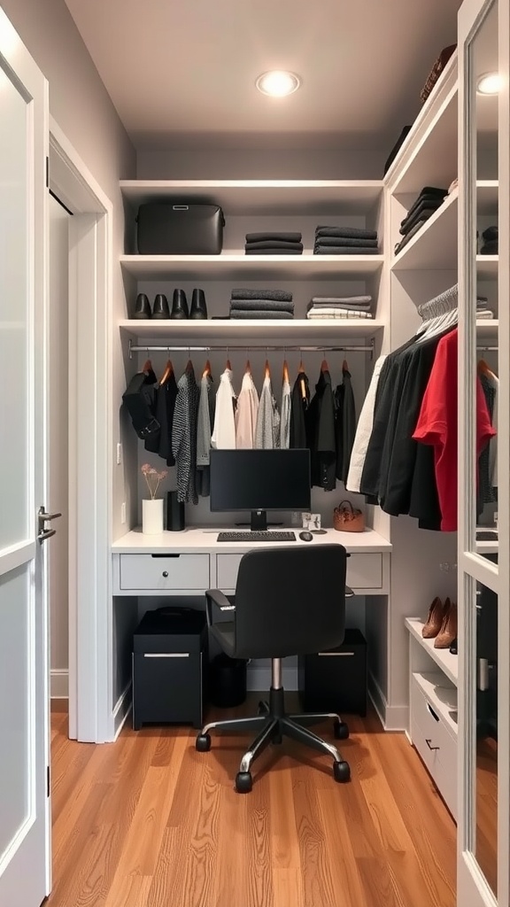 A well-organized walk-in closet featuring a functional workstation with a desk, chair, and shelves for storage.