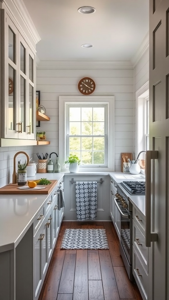 A stylish galley kitchen with white cabinets, wooden floors, and a bright window