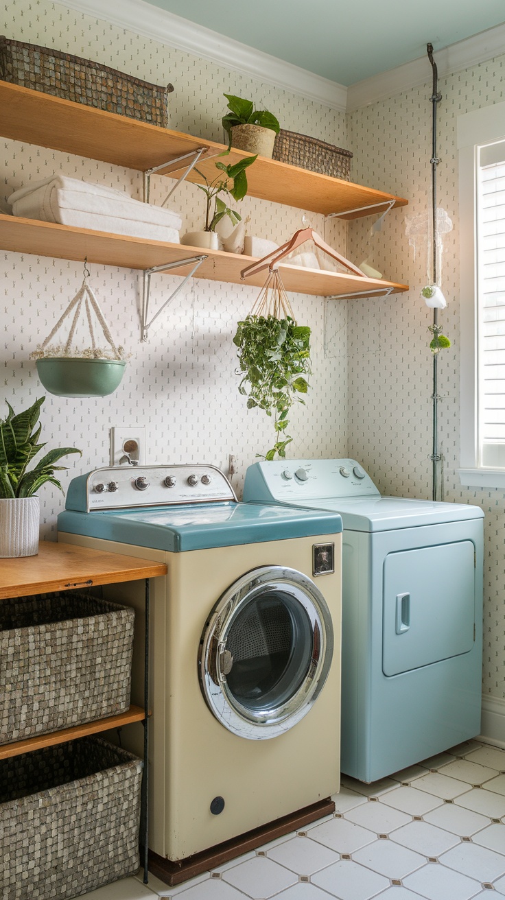 Functional and stylish laundry room with washing machines, shelves, and decorative items.