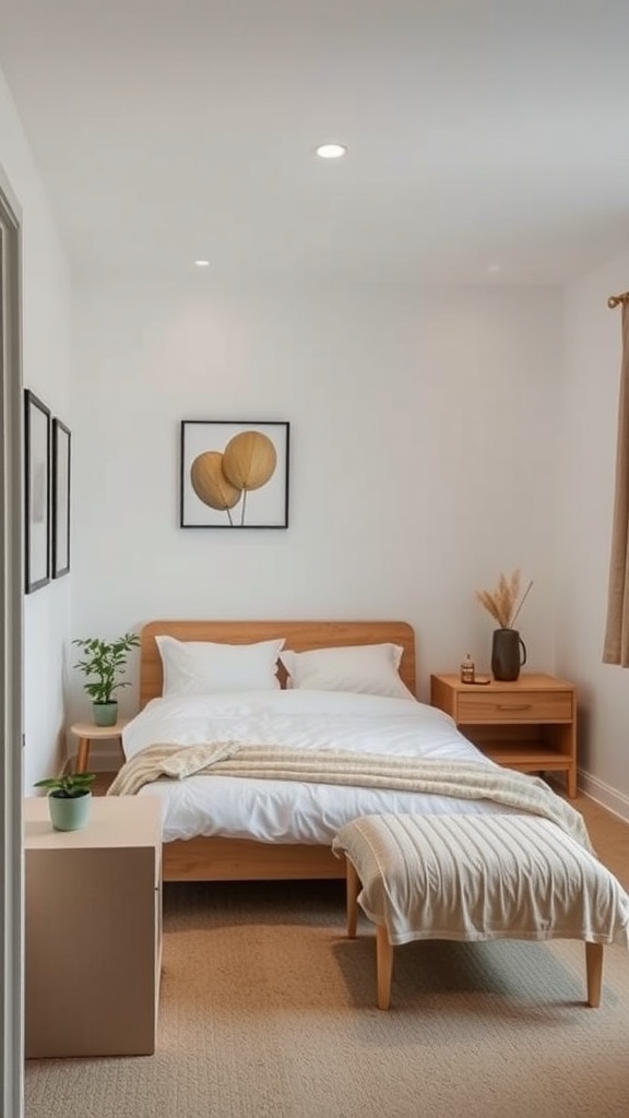 A small bedroom featuring a cozy bed, a nightstand, a bench, and a plant, designed for efficient furniture arrangement and flow.